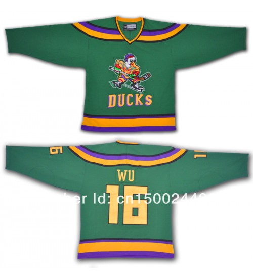 Custom Anaheim Mighty Ducks 16 Ken Wu Movie Hockey Jersey Green